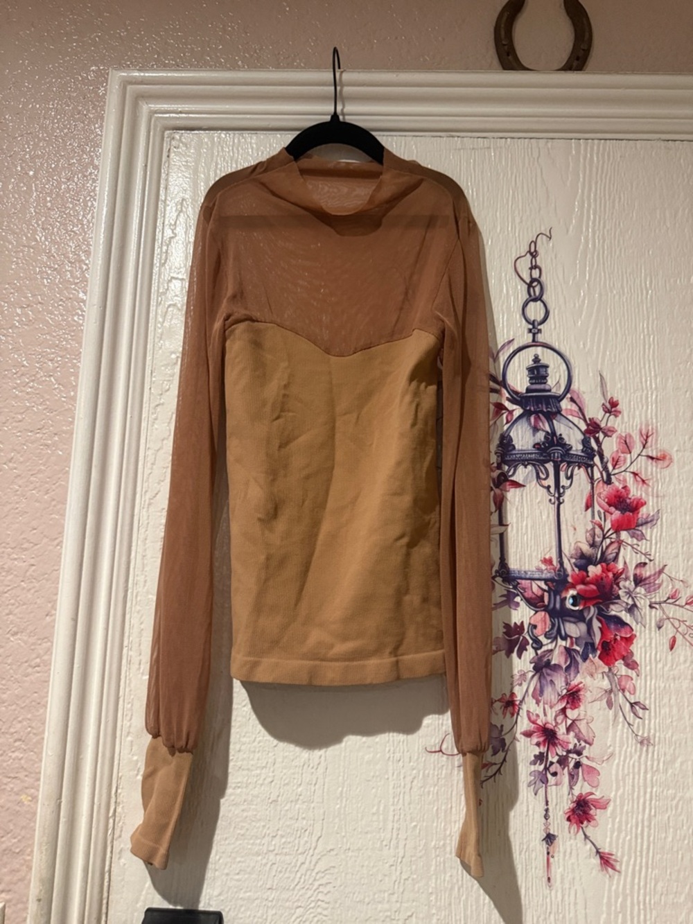 Long-Sleeve Layered Sheer Top in Tan